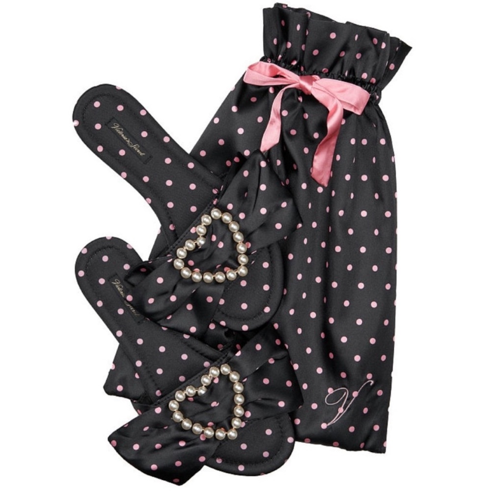 Victoria Secret Satin Bow Polka Dot Slide Slipper w/ Pearl Accent Size M(7 or 8)
